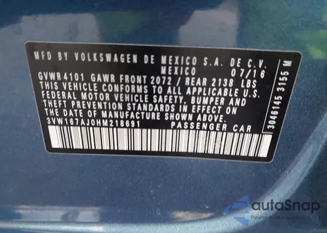 2017 Volkswagen Jetta 1.4T S z USA, uszkodzony, nr VIN 3VW167AJ0HM218691